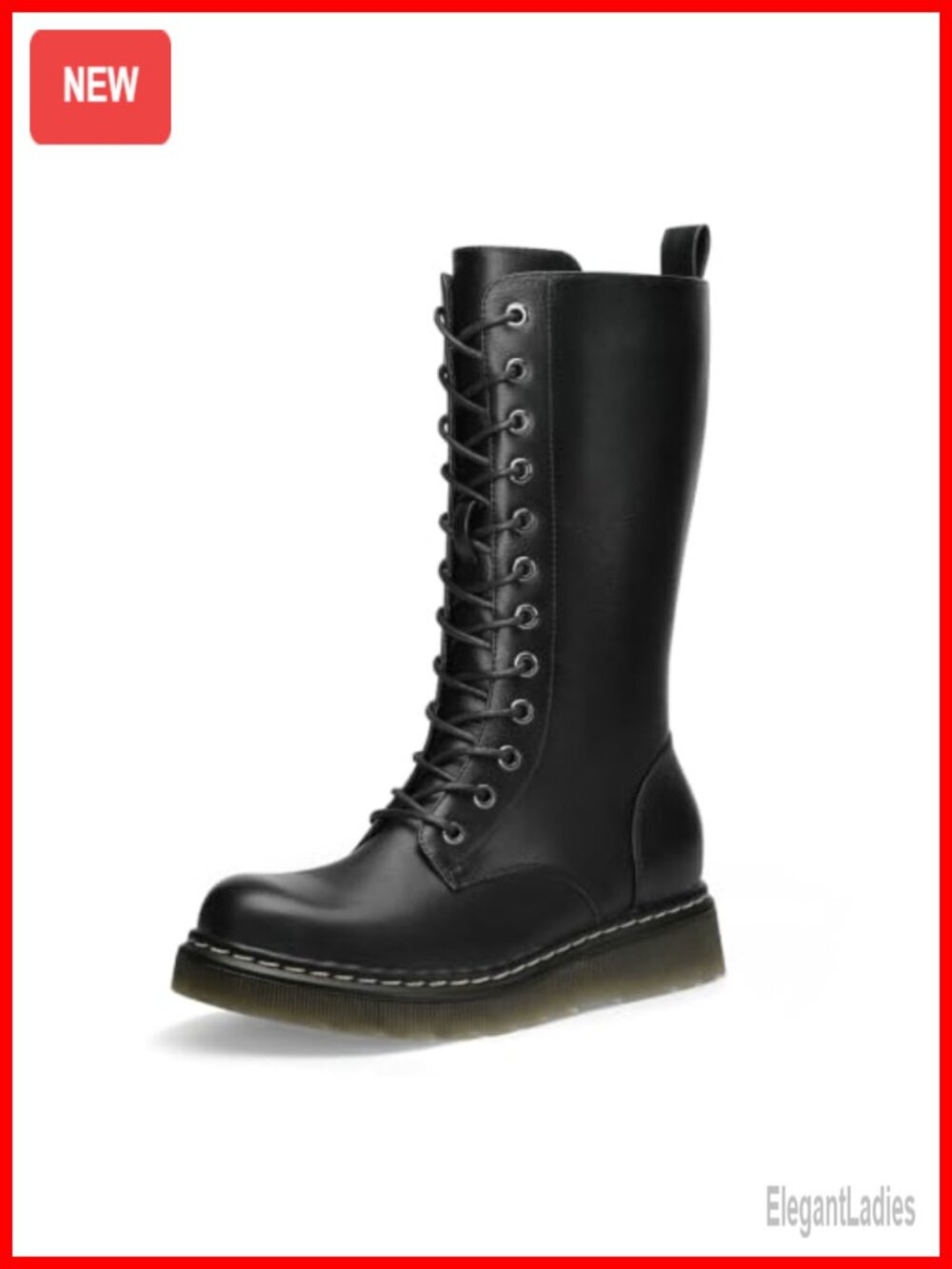 Faux Leather Combat Boots Lace Up Chunky Mid Calf Side Zip